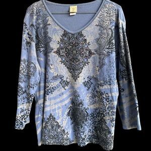 Jess & Jane Large 3/4 Sleeve V Fantasia Boho Tunic Artsy Rhinestone Top Blue USA